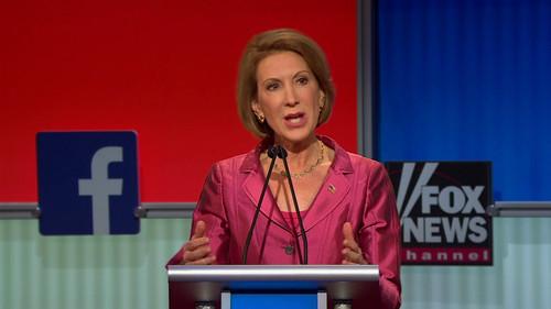Carly Fiorina speaks during a Fox News Channel televised debate in Cleveland, Ohio, on August 6, 2015.