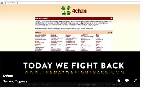 The website 4chan.org displays a banner advertisement promoting Tuesday's surveillance protest The Day We Fight Back.