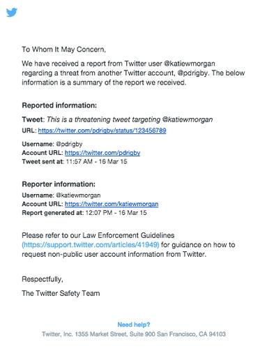 The report summary includes the flagged tweet and the user name of who posted it, along with Twitter's law enforcement guidelines.